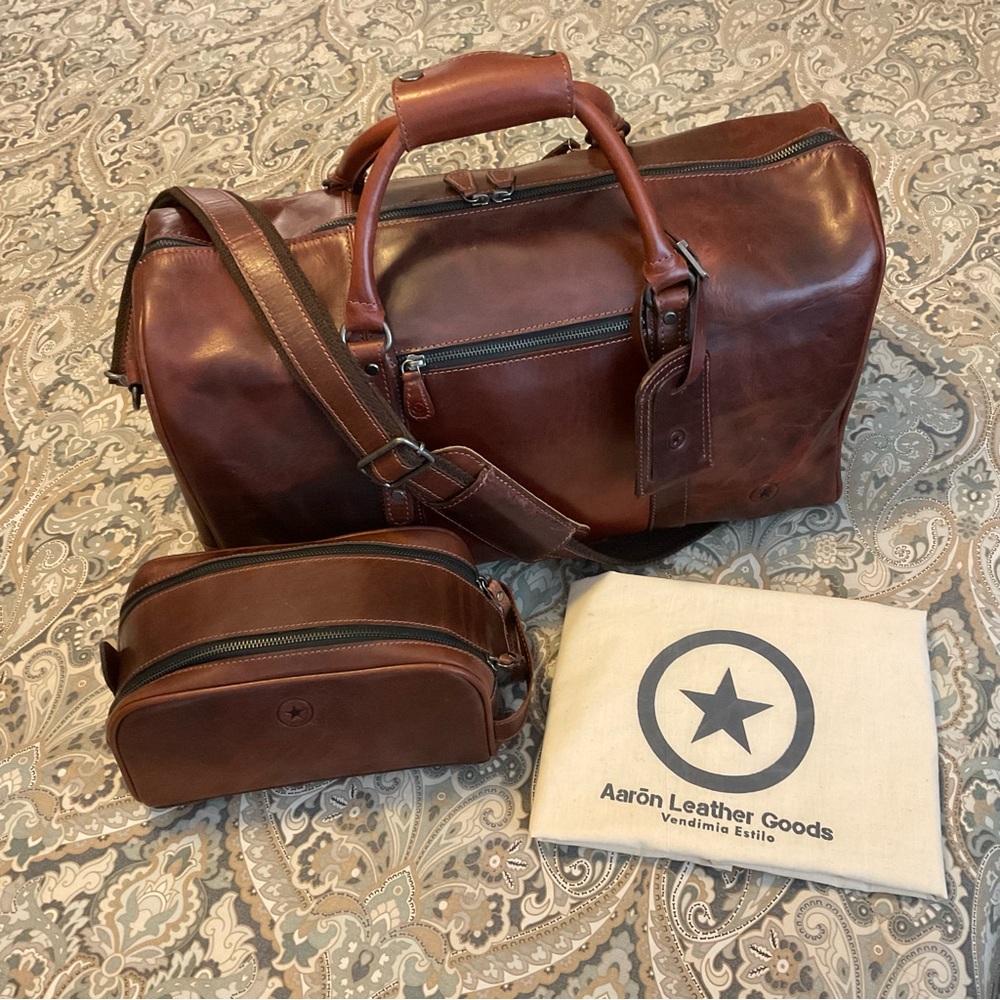 New Aaron Leather Goods Travel Duffle Bag and Toiletry bag